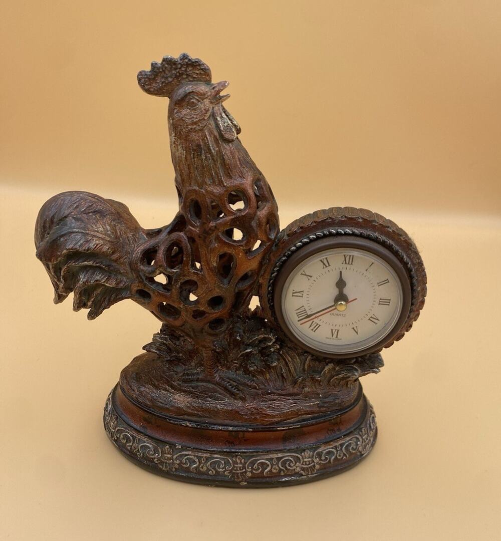 Rooster Resin Desk/Mantel Clock Brown Quartz Battery Analog Roman Numerals 9x8"
